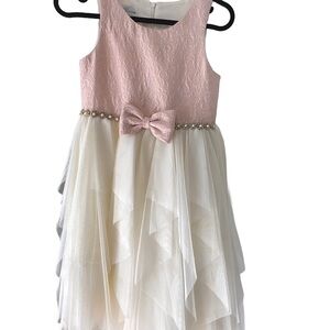 Pink & Cream Pearl-Trim Bow Tulle Flower Girl Dress